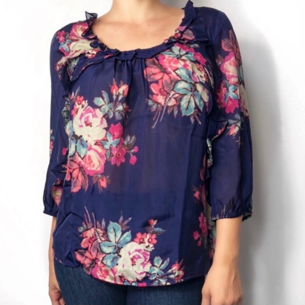 ❤️Anthropologie 100% Silk Cotati Chiffon Ruffle Floral Peasant Blouse Top Boho